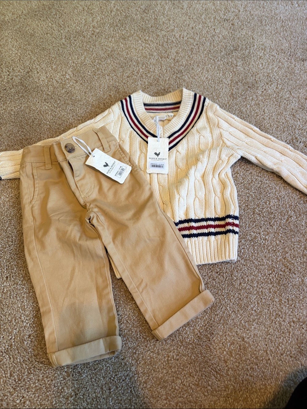 Hope and Henry Children's Cream Cable Knit Sweater with Navy & Red Trim